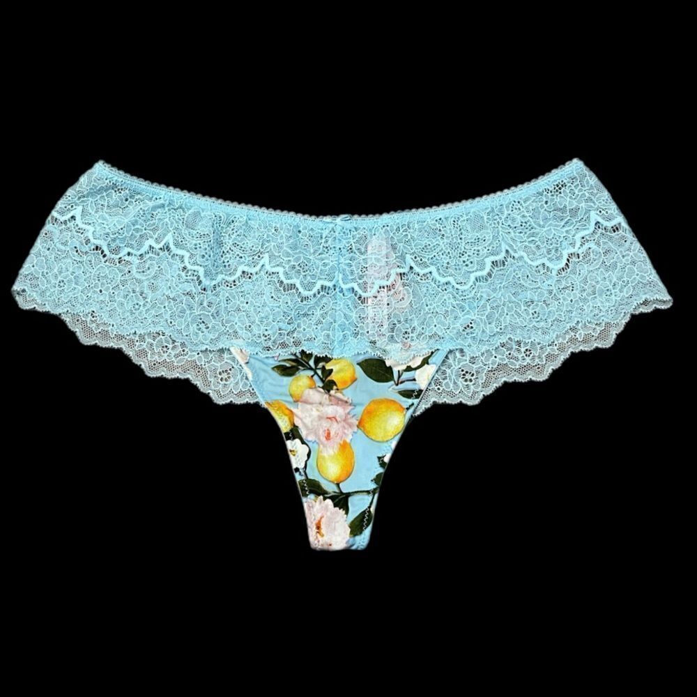 Victorias Secret Dream Angels Wide Side Lace Satiny Thong panty blue lemons L